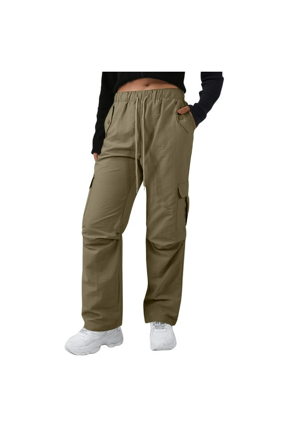 High Waist Women's Cargo Pants with Utility Pockets, Drawstring Waist, Relaxed Fit, Lightweight Fabric, Straight Leg – Casual & Outdoor Streetwear Army Green XL