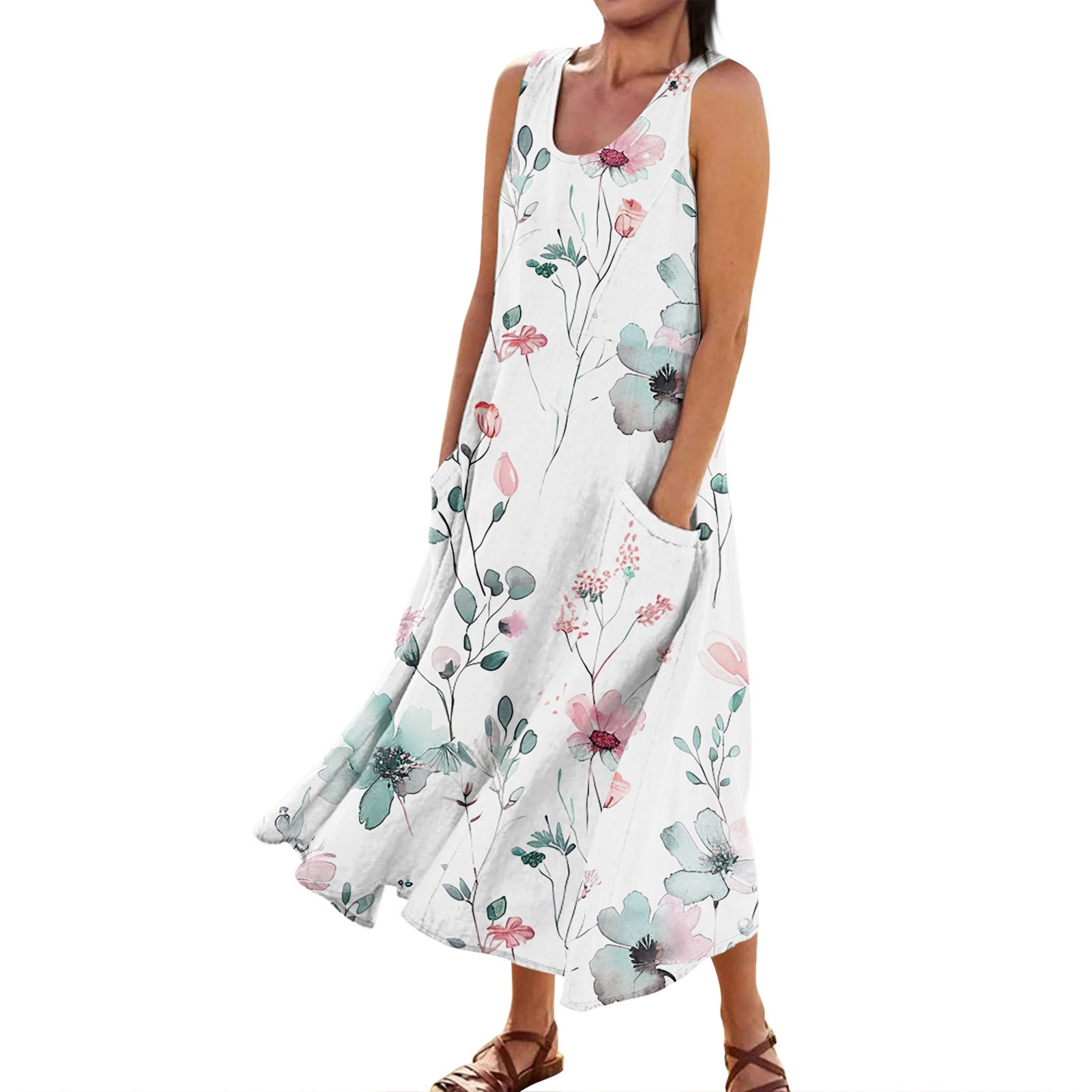 Difdany Linen Dress for Women Summer Sleeveless Solid Casual Baggy