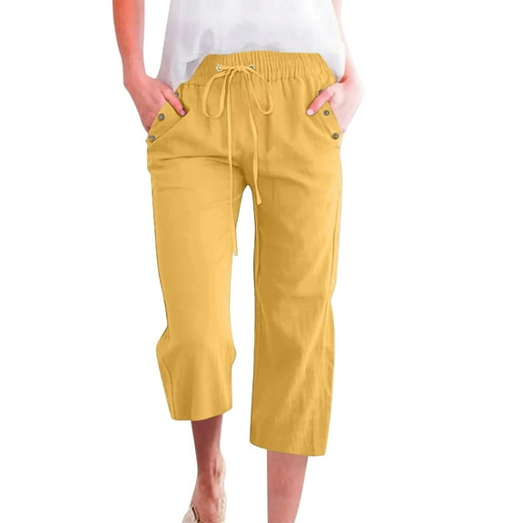 Difdany Linen Wide Leg Cropped Pants for Women – Elastic Waist Paper Bag Style, Pocketed Granny Pants, Lightweight Casual Summer Trousers, Relaxed Fit & Breathable Fabric Orange M