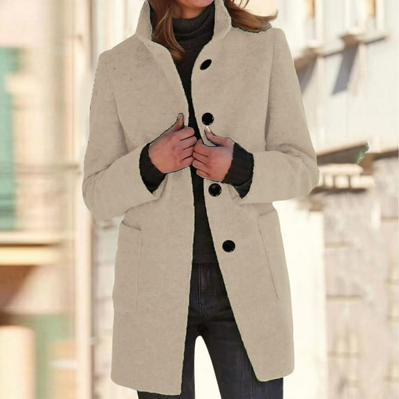 Difdany Long Pea Coats for Women Winter Stand Collar Single Breasted Wool Coats Wool Blend Peacoat Thicken Blazer Jacket Beige L