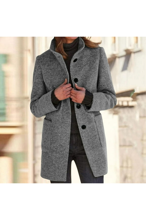 Long Pea Coats for Women Winter Stand Collar Single Breasted Wool Coats Wool Blend Peacoat Thicken Blazer Jacket Light Gray L