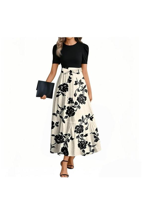 Maxi Dresses for Women 2025 Casual Patchwork Tie Puff Sleeve Dress Summer Modest Elegant Church Wedding Guest Dresses Beige M