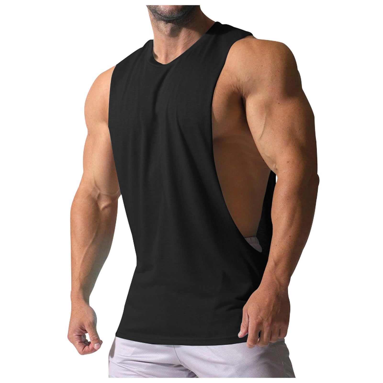 Difdany Men's Cut Off Shirts Muscular Cut Open Sides Bodybuilding Tank Top Gym Workout T-Shirt Black 2XL