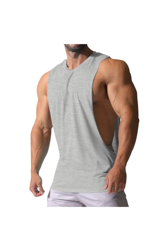 Men's Cut Off Shirts Muscular Cut Open Sides Bodybuilding Tank Top Gym Workout T-Shirt Light Gray XL