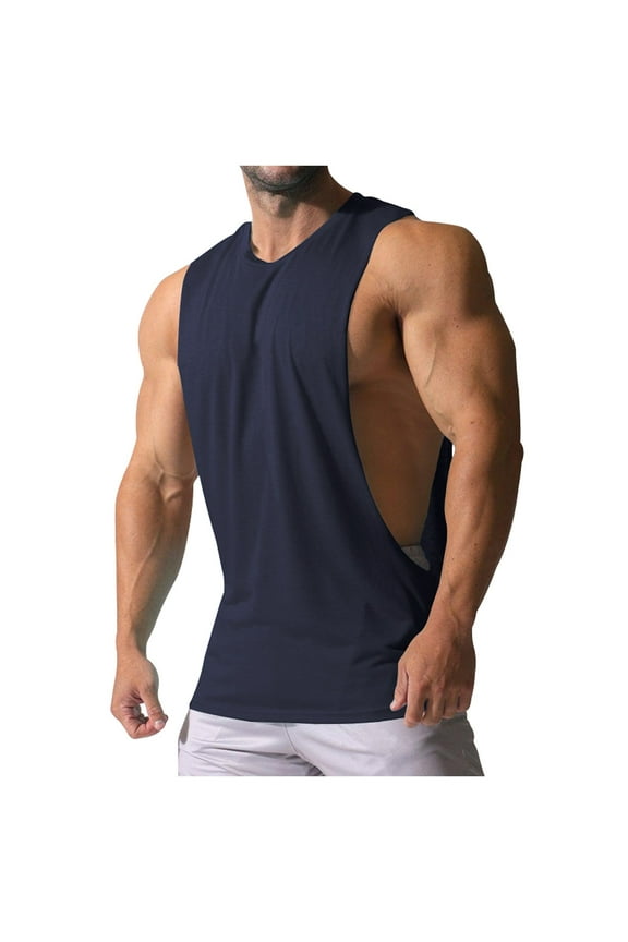 Men's Cut Off Shirts Muscular Cut Open Sides Bodybuilding Tank Top Gym Workout T-Shirt Navy L