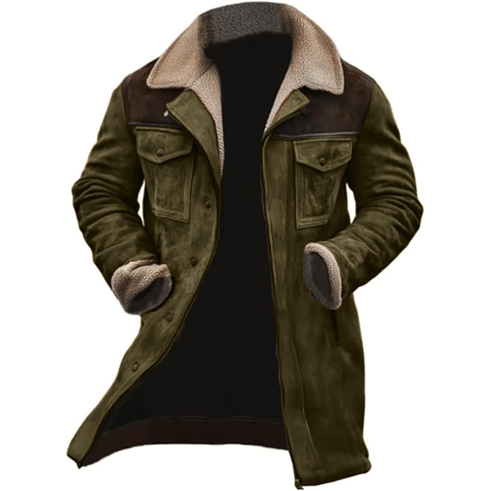 Men's Vintage Suede Jacket With Faux Leather & Plush Collar - Western Cowboy Style Distressed Coat