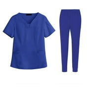 Difdany Nursing Scrubs for Women Sets 2024 V-Neck Short Sleeve Jogger Pants Medical Scrub Set with Pockets Blue M