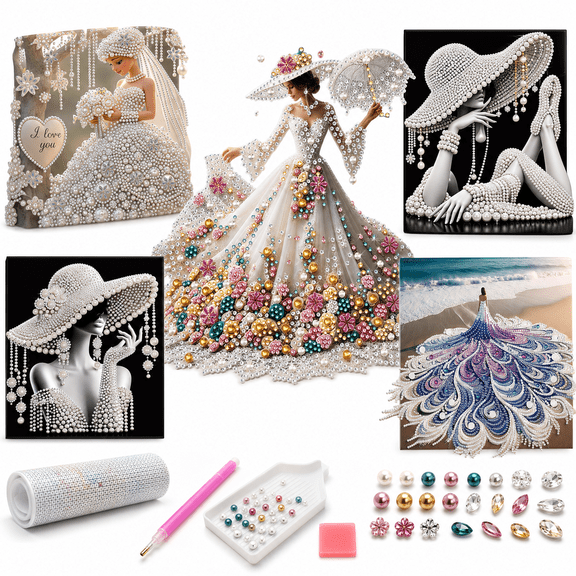 Difdany Pearl Diamond Painting Kits for Adults, Woman Beach 5D Gem Art Kit with Special Shaped Rhinestones, Partial Drill Diamond Art for Beginners Home Wall Decor Gift,A1