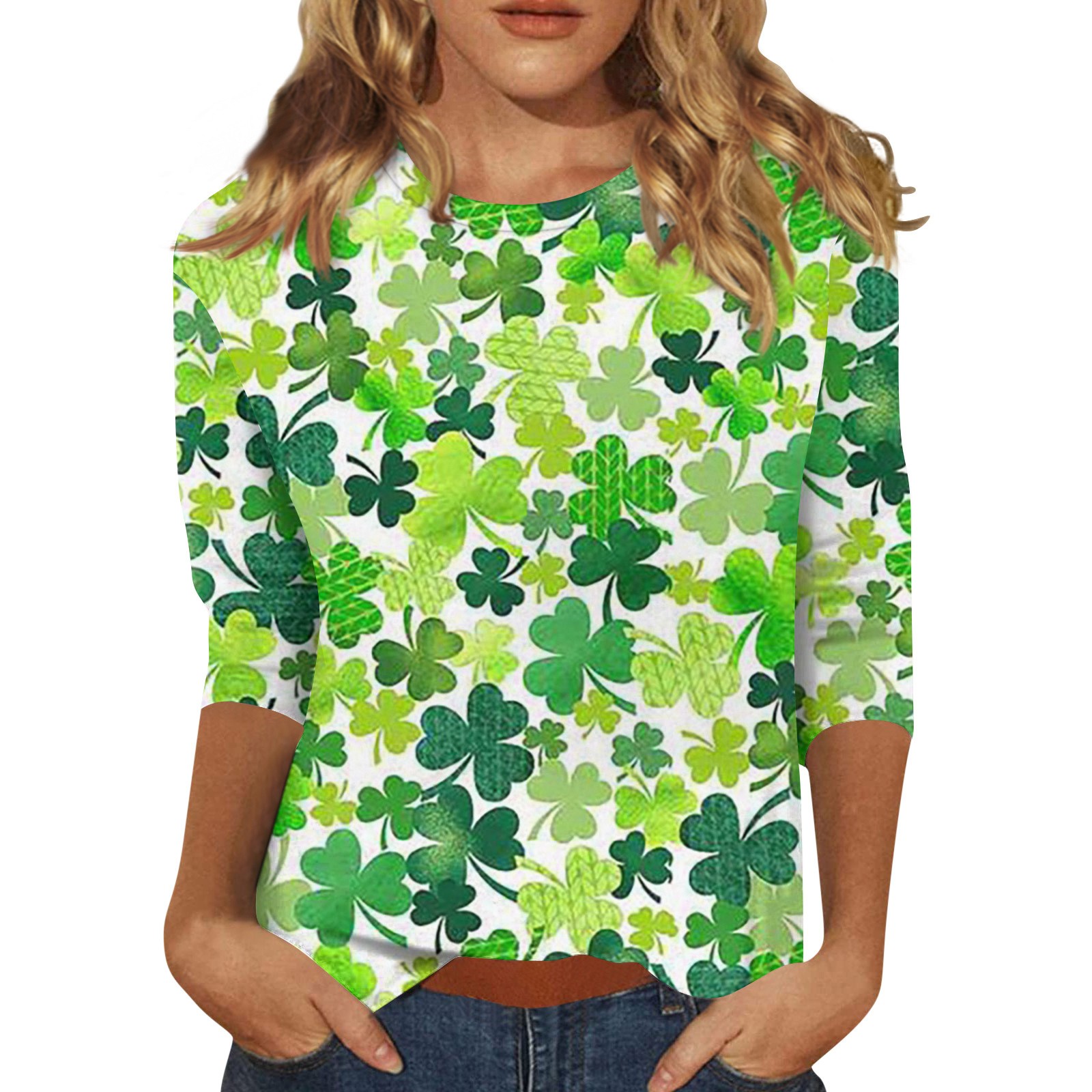 Difdany Pot of Gold Summer Tops Women's Crew Neck Pocket 3/4 Sleeve T