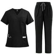 Difdany Scrub Sets for Women V-Neck Short Sleeve Jogger Pants Stretch Nursing Uniform 2024 Black L