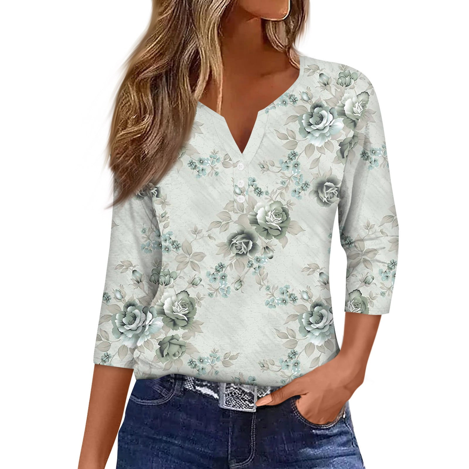 Difdany Sequin Tops for Women 3/4 Sleeve V Neck 2024 Summer Casual T