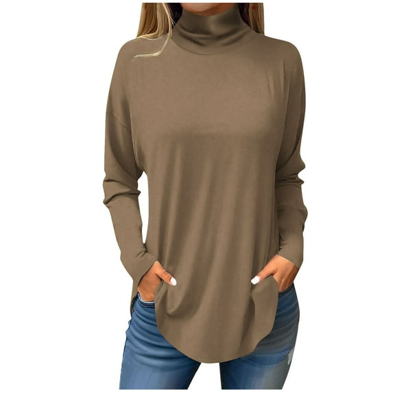 Difdany Turtle Neck Shirts for Women Long Sleeve Tunic Tops Casual Loose Fit Sweatshirts Camel 2XL