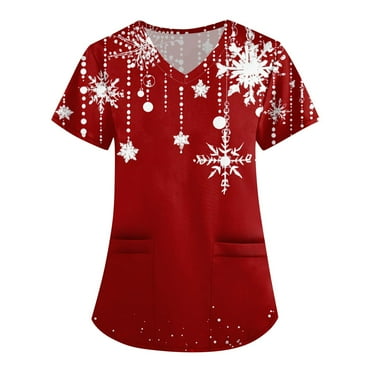 Difdany V-Neck Christmas Scrub Tops Women with Snowman Print Short Sleeve and Pockets for Nursing Work Red M