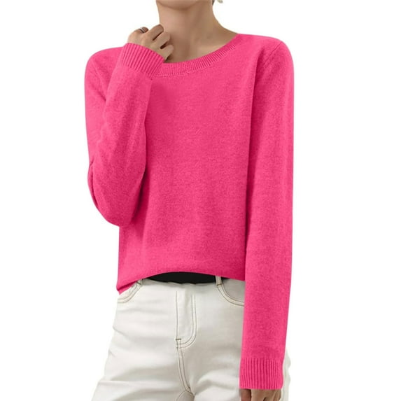 Difdany Women Long Sleeve Sweater Fall Winter Basic Casual Crewneck Sweaters 2024 Slim Fit Going Out Classic Pullover Tops Hot Pink L