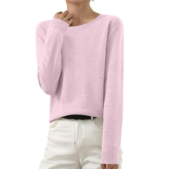 Difdany Women Long Sleeve Sweater Fall Winter Basic Casual Crewneck Sweaters 2024 Slim Fit Going Out Classic Pullover Tops Pink M