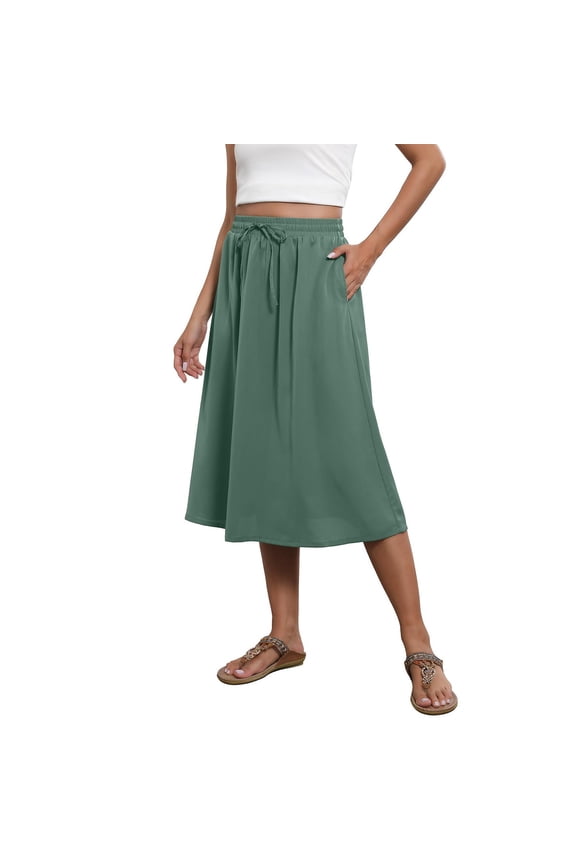 Women's Bohemian A-Line Elastic Waist Flowy Midi Skirt with Pockets Dark Green 2XL