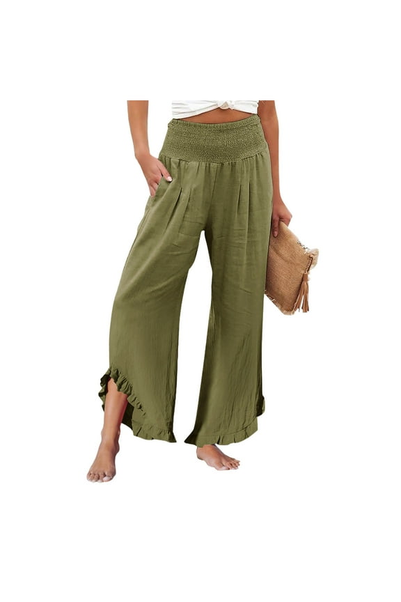Women's Boho Linen Pants - Smocked High Waist, Wide Leg Beach Coverup with Ruffle Hem for Vacation