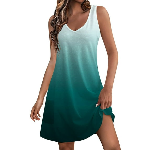 Difdany Women's Casual Sundress With Pockets Summer Boho Beach Dress Gradient Blouses For Women T-Shirts Dress V Neck Loose Tank Dresses Dark Green M