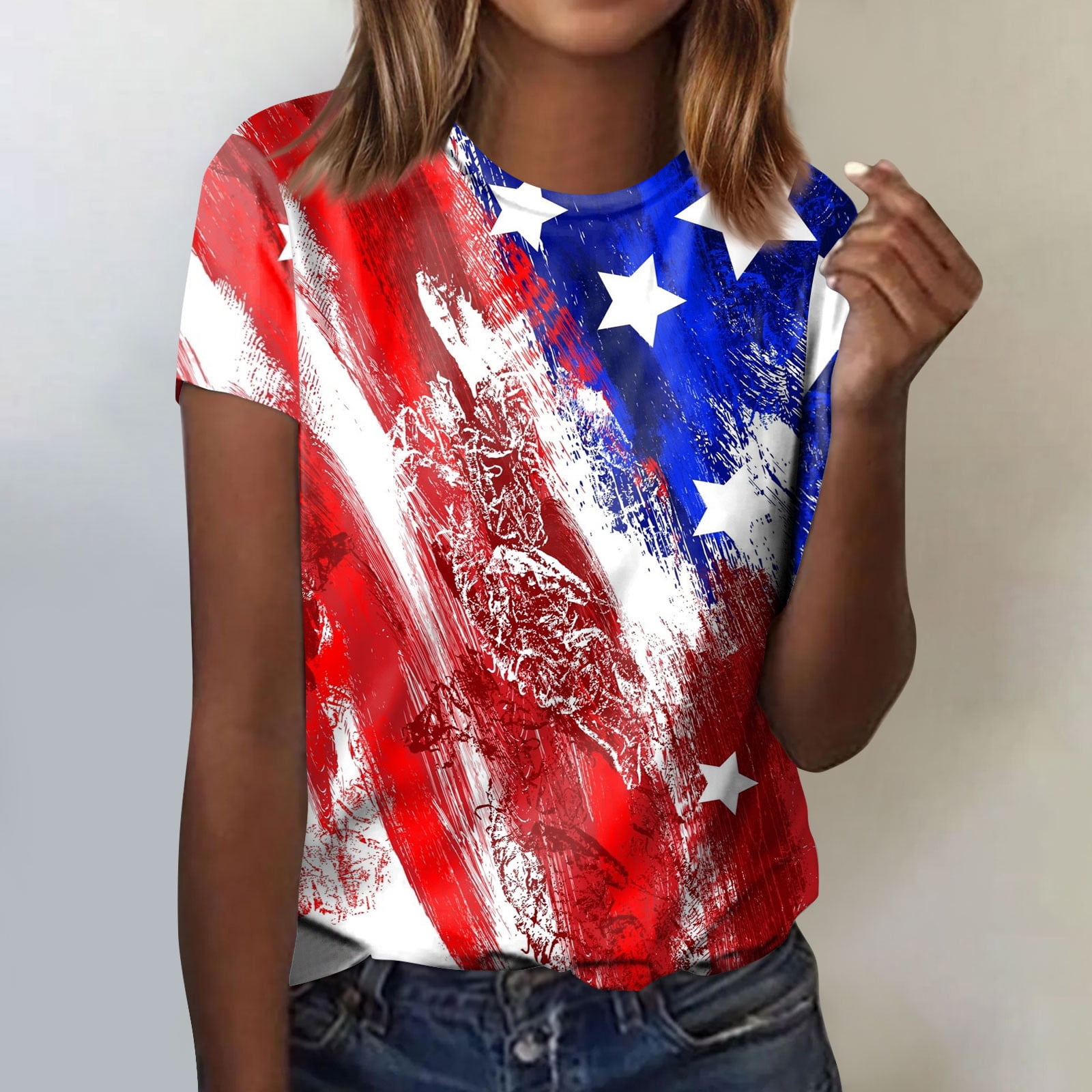 Difdany Women's Fashion Casual Independence Day Printed Round Neck