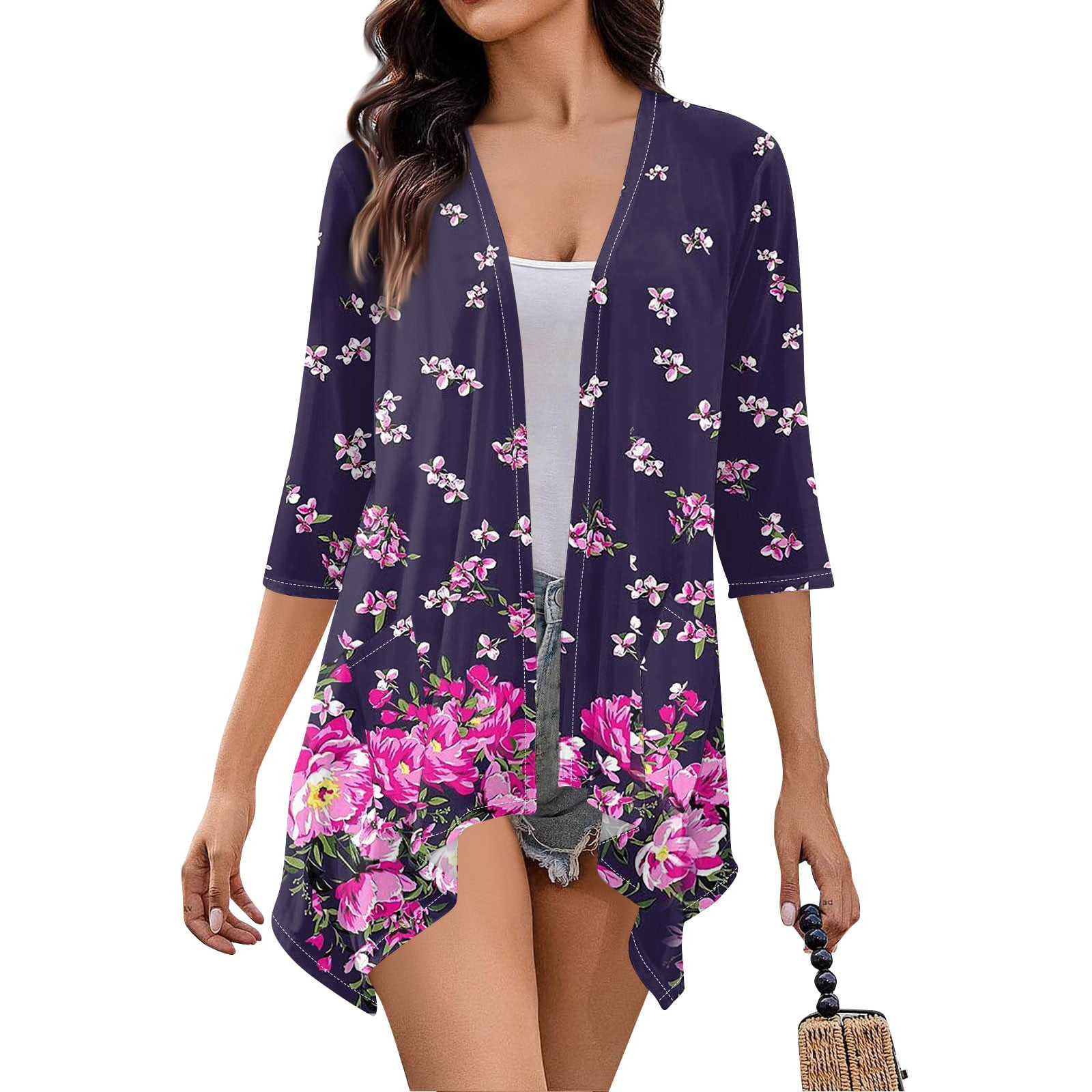 Difdany Women's Floral Print Puff Sleeve Kimono Cardigan Loose Cover Up
