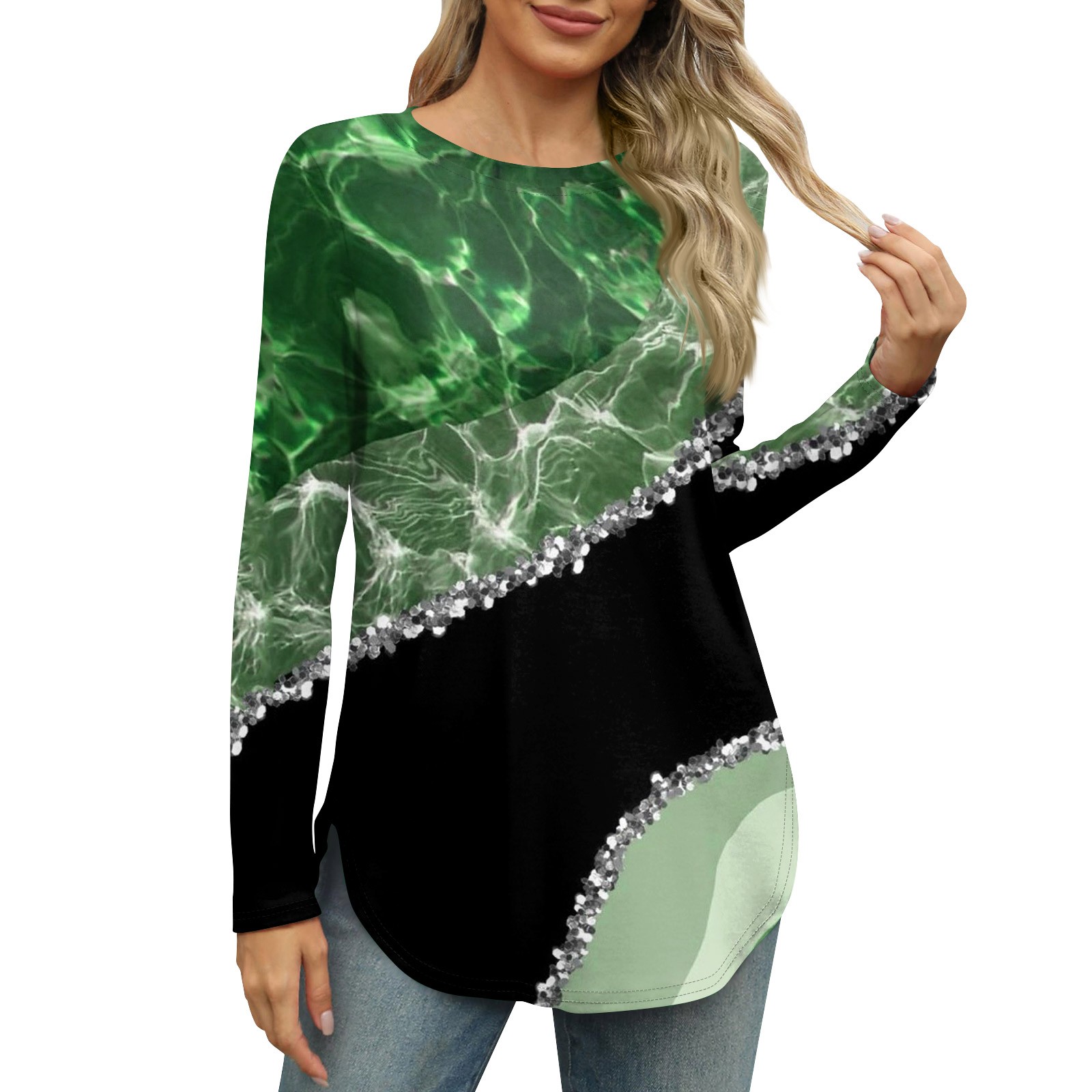 Difdany Women's Long Sleeved Round Neck Shirt With Side Slit Floral