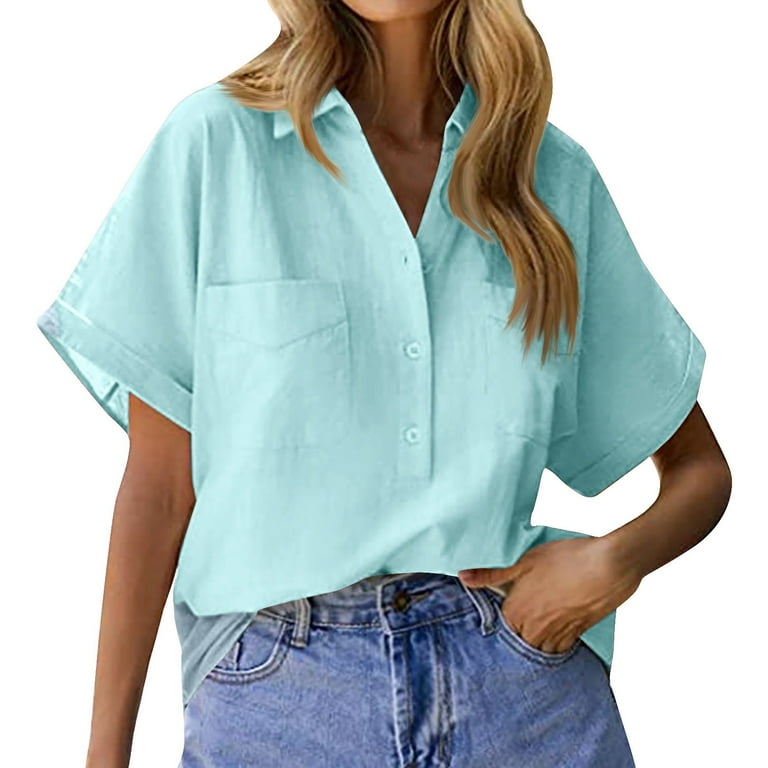 Difdany Women s Casual Double Pocket Pullover Short Sleeved Cotton Linen Blend Light Blue 2XL Walmart