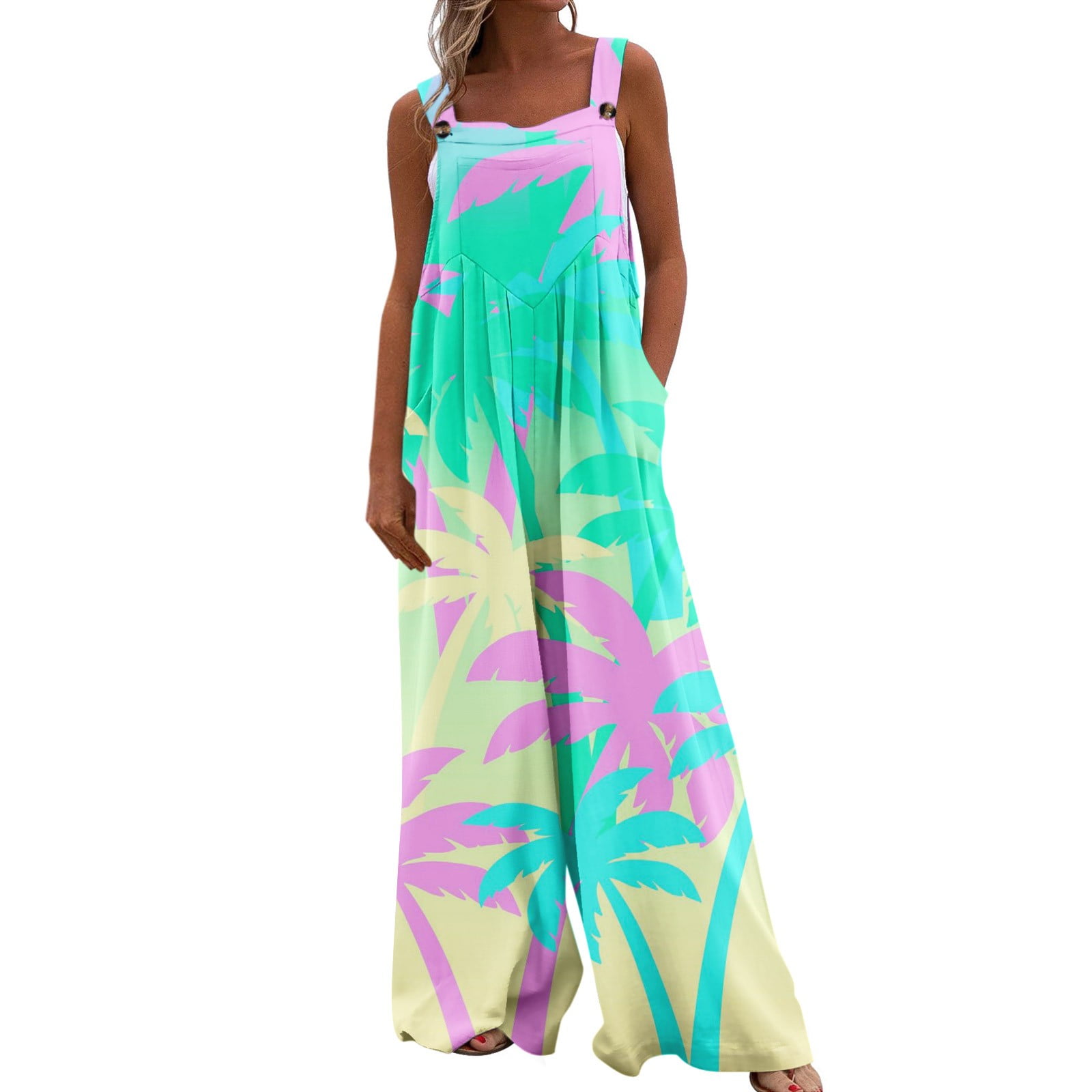 Difdany Women's Plus Size Jumpsuits Vocation Print Adjustable Suspender