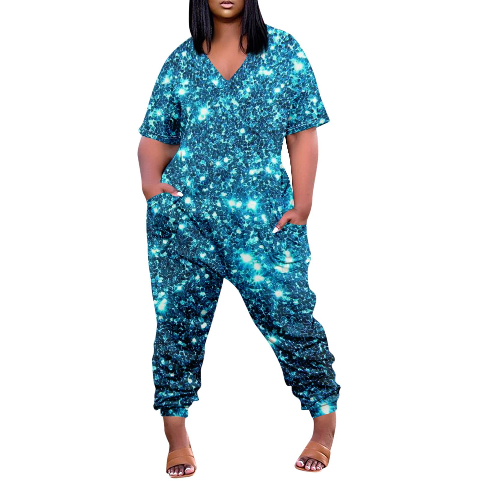 Difdany Women s Plus Size V Neck Graphic Loose Fit Overalls Cute Rompers with Pockets Dark Blue XL