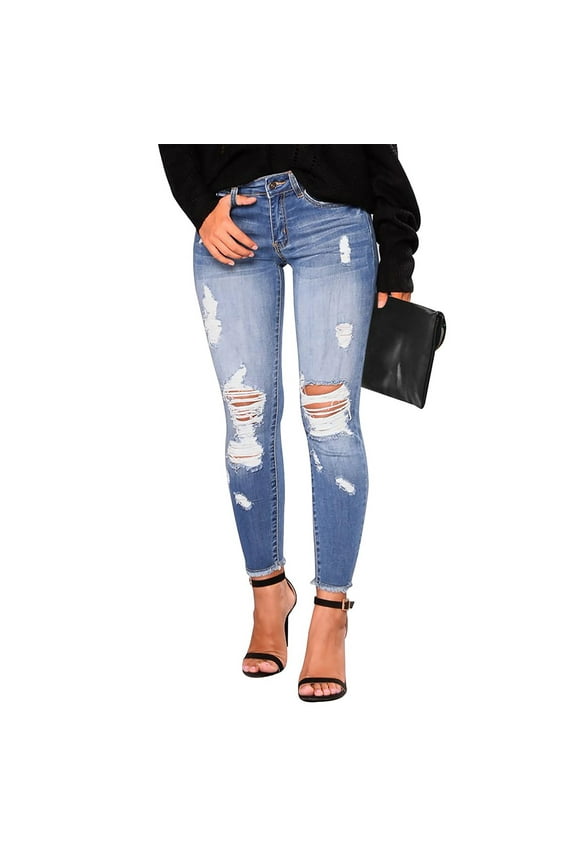 Plus Size Black Jeans for Curvy Women's Ripped High Waisted Skinny Jeans Button Fly Distressed Stretchy Denim Pants Light Blue L