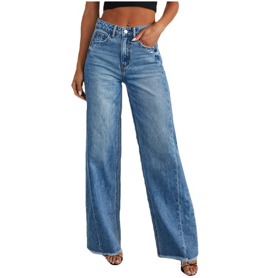 Difdany Women's Wide Leg Jeans High Waisted Strechy Hem Denim Pants Blue M