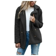 DIFDANY Womens 2024 Winter Fleece Teddy Bear Sherpa Jacket Coats with Pockets Black L