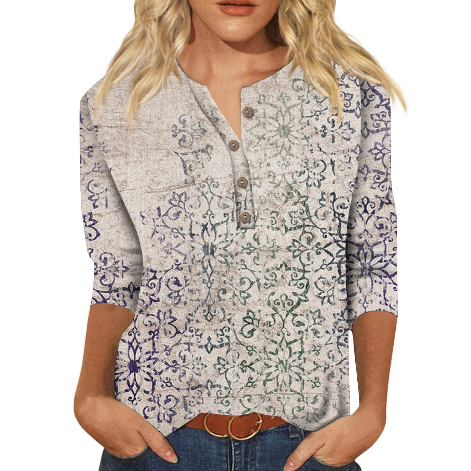 Difdany Womens 3/4 Length Sleeve Tops Casual Button Down Summer Shirts Loose Fit Three Quarter