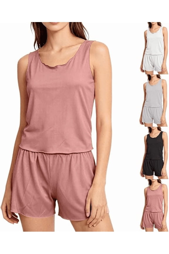 Womens Cooling Ice Silk Pajamas Set, Summer Tank Top and Shorts Pj, Lightweight Sleeveless Loungewear Nightwear with Elastic Waist, Solid Color Casual Sleepwear for Home Dorm Travel