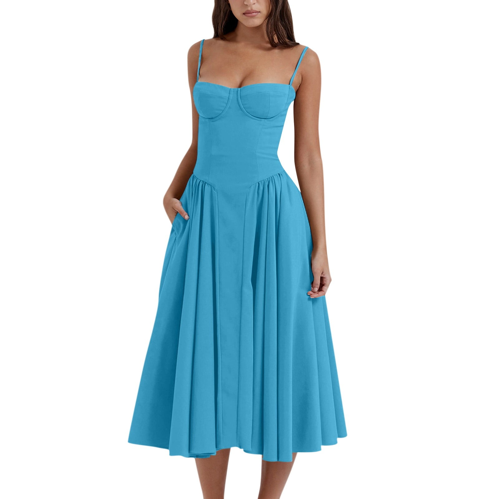 Women's Summer Floral Corset Dress - Spaghetti Straps, Backless, With Pockets, Boho Midi Dress - View #13