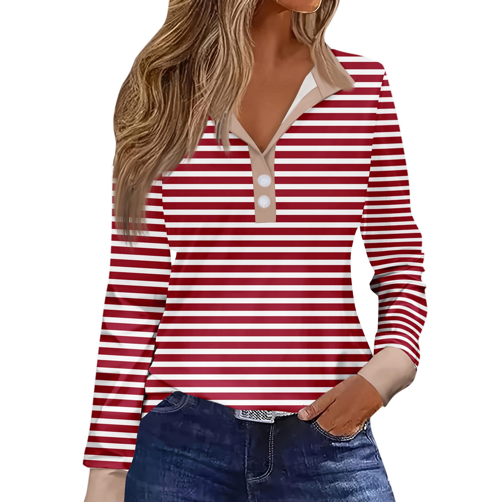 Difdany Womens Long Sleeve V Neck Button Tops Henley Basic Tee Casual