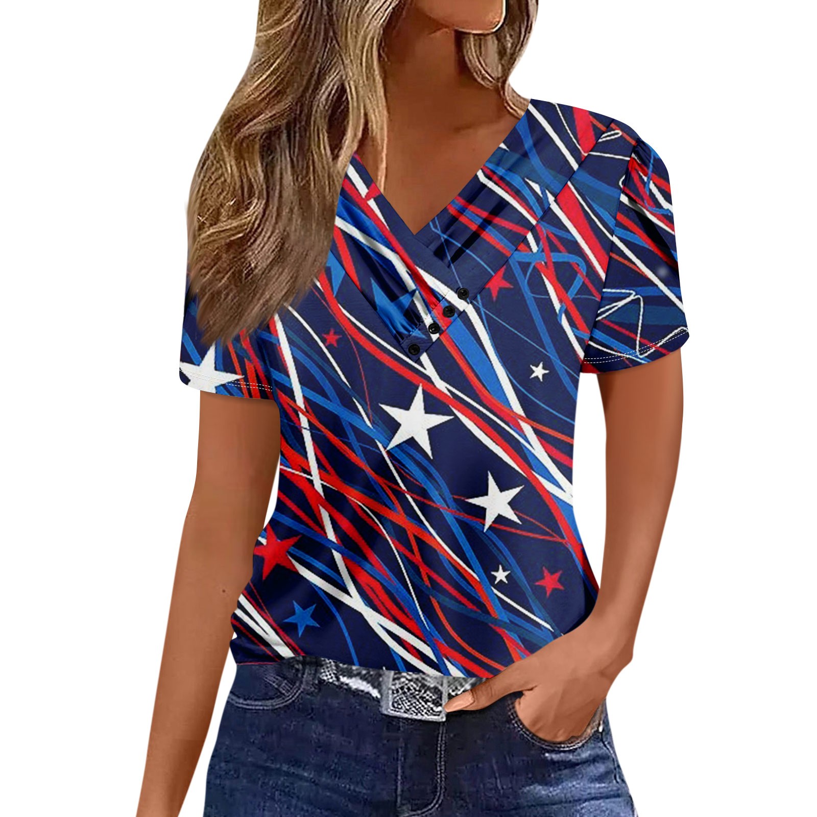 Difdany Womens Tops Henley Neck Buttons Sexy Shirts Short Sleeve Dressy