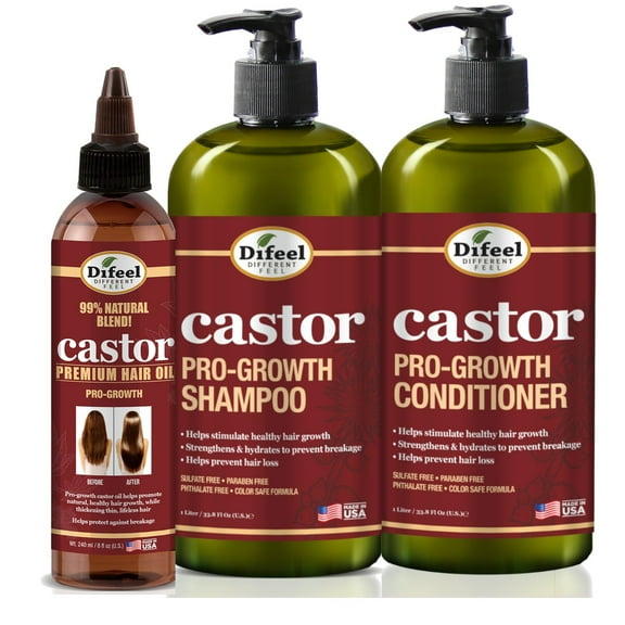 Difeel Pro-Growth with Castor Oil 3-PC Large Hair Care Set - Shampoo 33.8oz, Conditioner 33.8oz, & Hair Oil 8oz