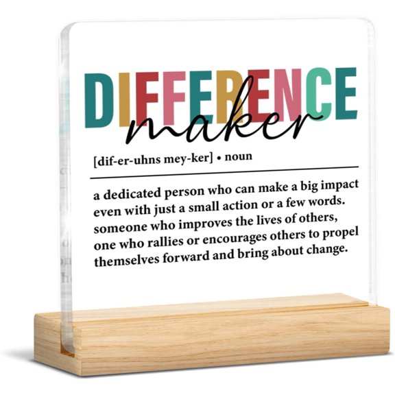 Difference Maker Gifts for Women, Motivational Gifts for Mentor Coworker Boss Leader Employee, Difference Maker Definition Acrylic Plaque Sign with Wooden Stand Decor