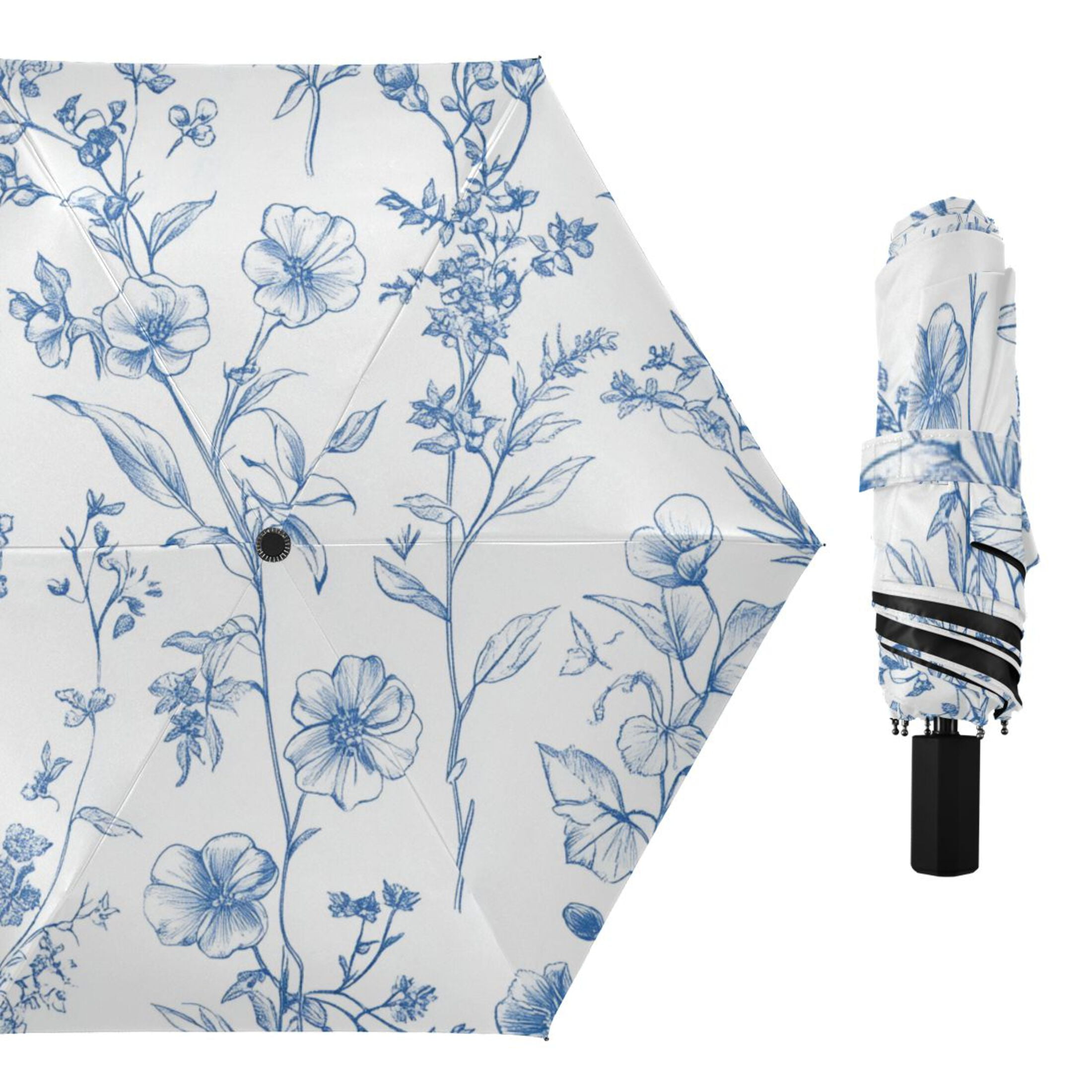 Different Blue Ink Flowers All Weather Umbrella Triple Folding Parasol 6 Ribs UV Protection Portable