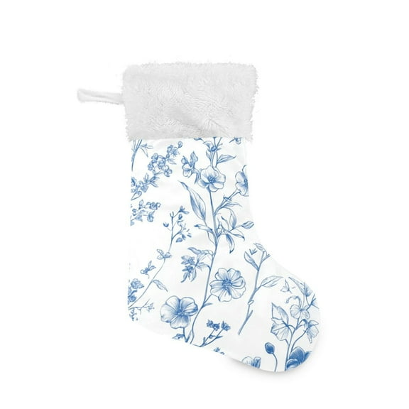 Different Blue Ink Flowers Christmas Stockings Large Capacity 18 inch Gift Bag with Hook Xmas Holiday Decor 1 Pack