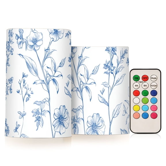 Different Blue Ink Flowers Flickering Flameless Candles LED Tealight Battery Operated with Remote Set of 2 Holiday Decor Ornaments