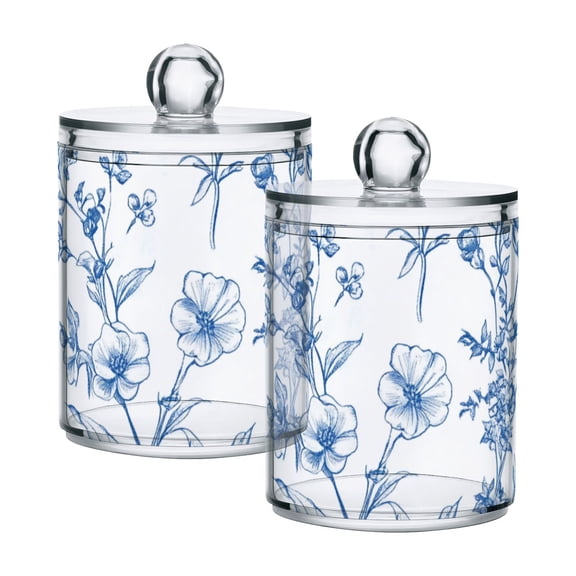 Different Blue Ink Flowers Translucent Plastic Cans Storage Canisters with Lid Set of 2