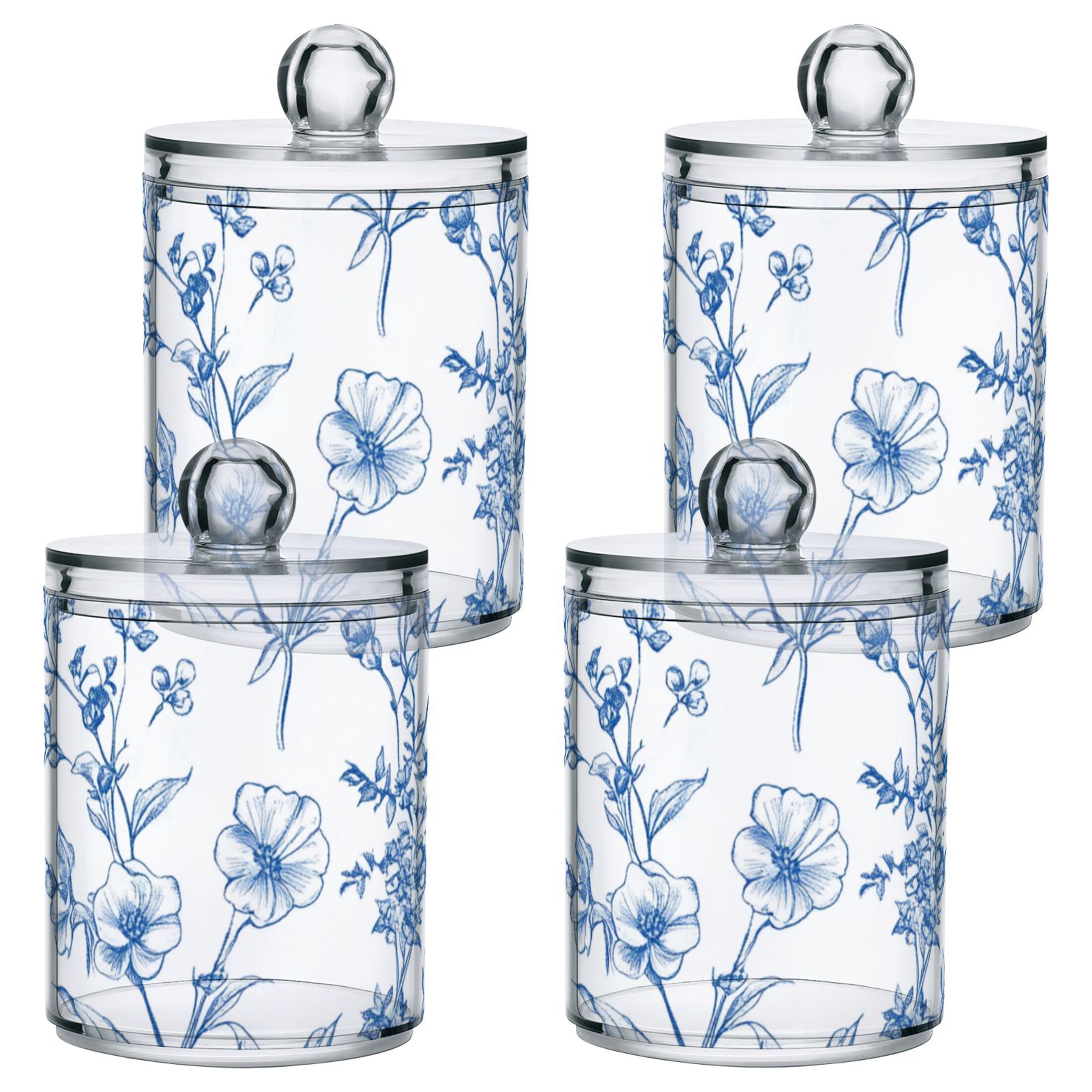 Different Blue Ink Flowers Translucent Plastic Cans Storage Canisters ...