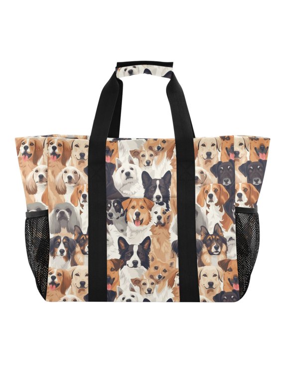 Different Breeds Dogs Reusable Grocery Bags with Handle Side Pocket Waterproof Shopping Portable Tote