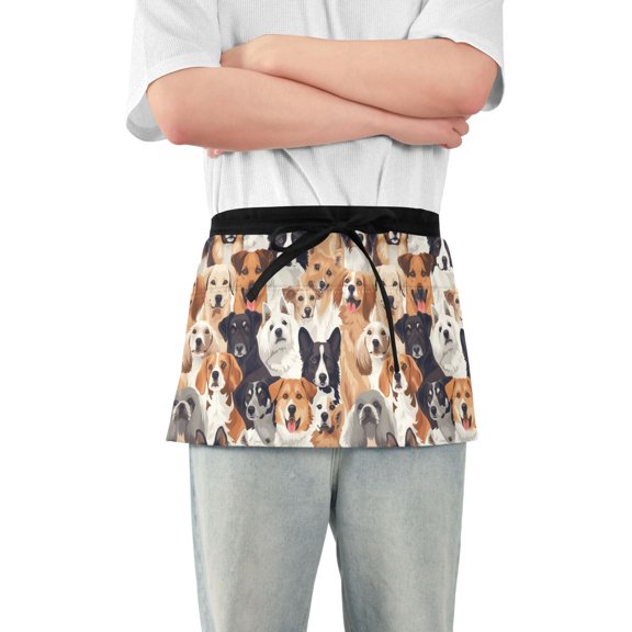 Different Breeds Dogs Server Apron with 3 Pockets Waterproof Waitress Waist Short Apron for Man Woman 12 Inches