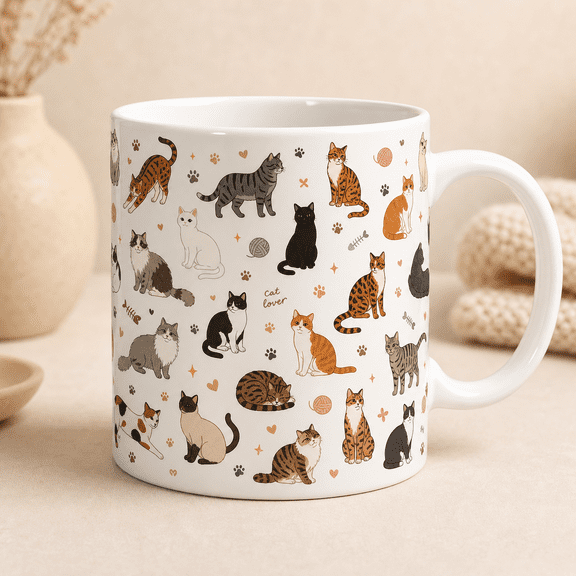 Different Cats Pattern Mug, 2D Flat Mug for Cat Lovers, Cute General POD Gift