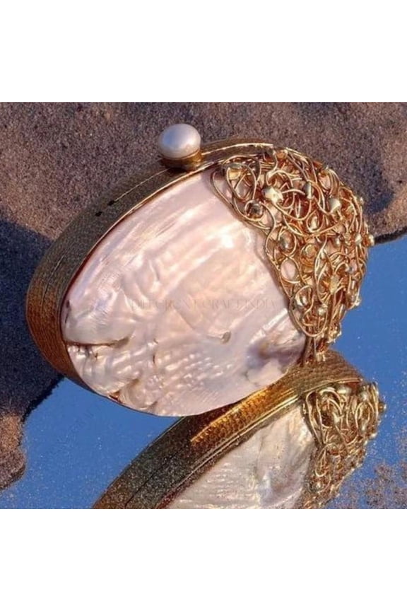 Clam Seashell Evening Bag with Gold Wirework & Pearl
