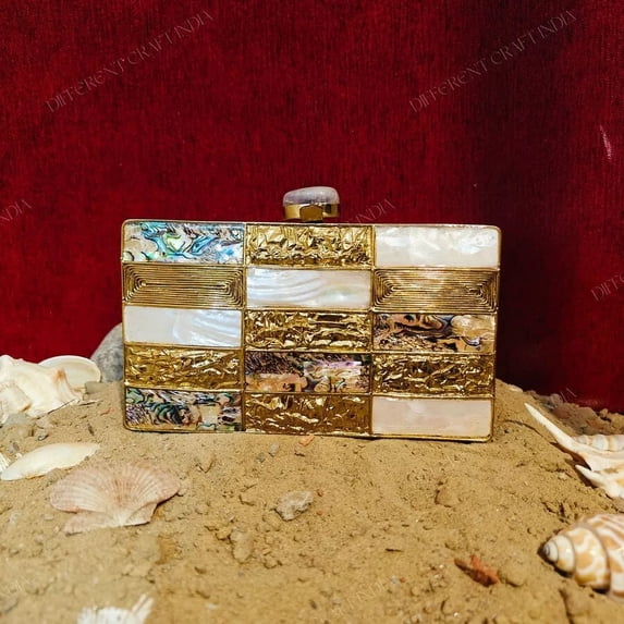 Different Craft India Golden Abalone Seashell Inlaid Evening Clutch Purse for Women
