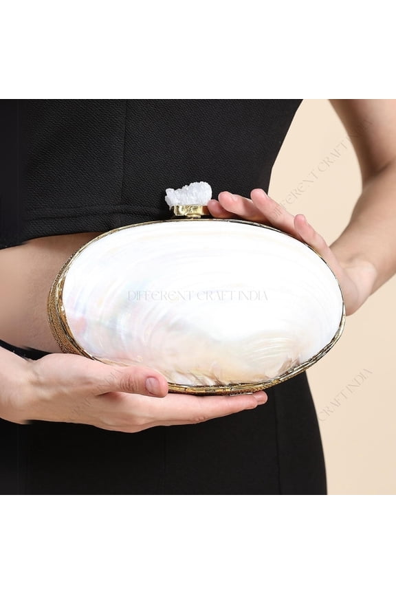 Pearlescent White Clam Shell Bag with Golden Frame