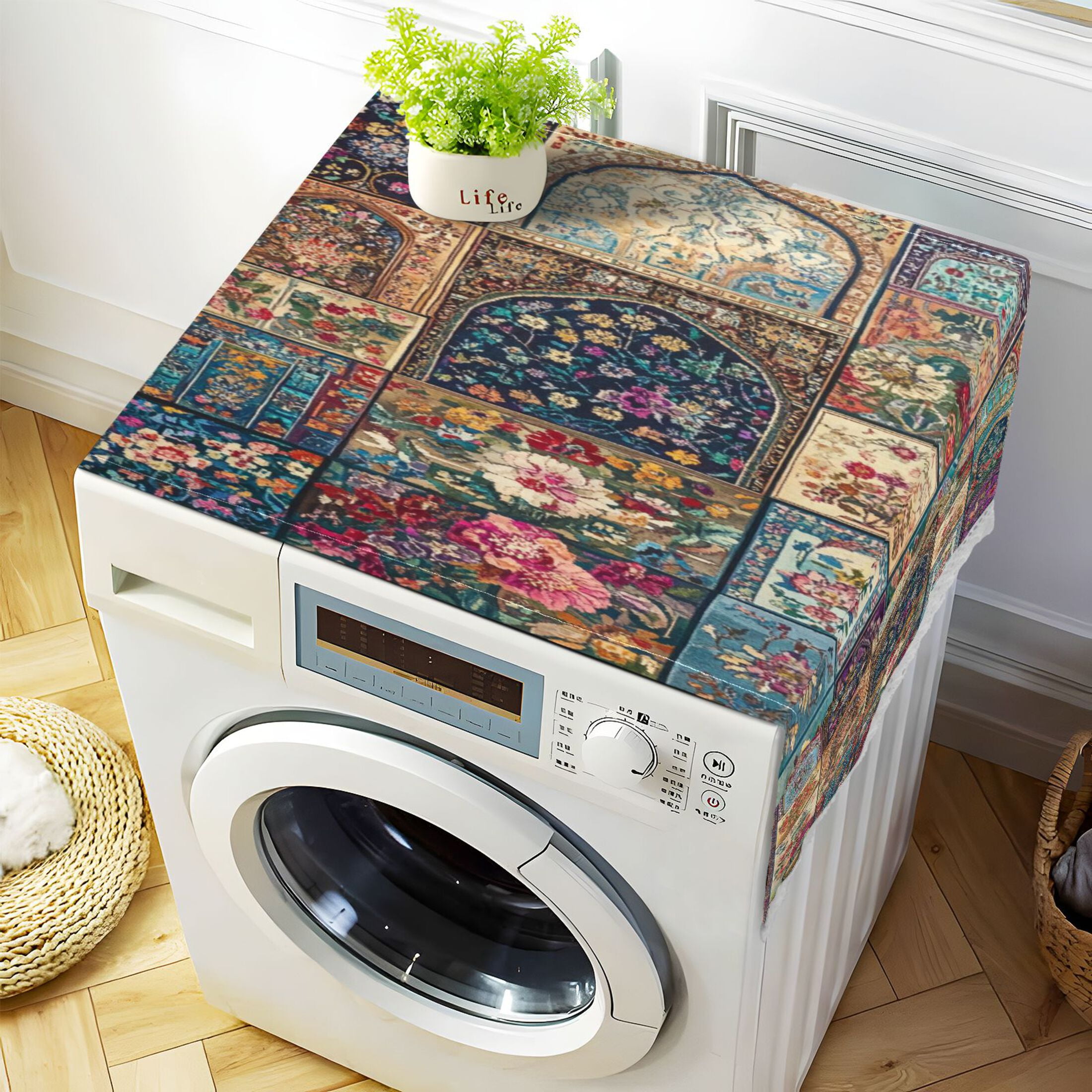 Different Cultural StylesWasher and Dryer Covers Dust-Proof and Oil Resistant Fridge Cover with 4 Storage Pockets Washing Machine Top Cover for Laundry Kitchen Home 51.2 x 22 In